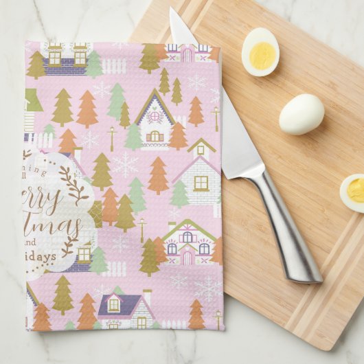 Weihnachtshäuser Pink Geschirrtuch (Viertel Falte)