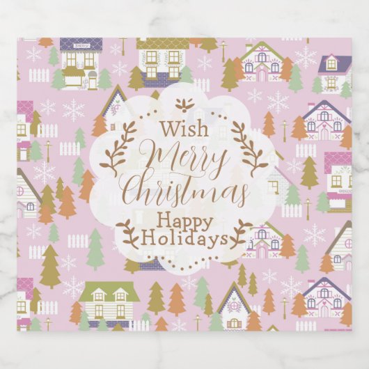 Weihnachtshäuser Pink Schaumweinetikett (Einzelnes Label)