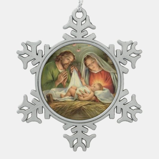 Weihnachtsheilige Familien-Geburt Christi Jesus Schneeflocken Zinn-Ornament (Vorderseite)