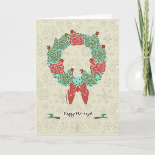 Weihnachtshennen gehockt auf Kranz + Schneeflocken Feiertagskarte