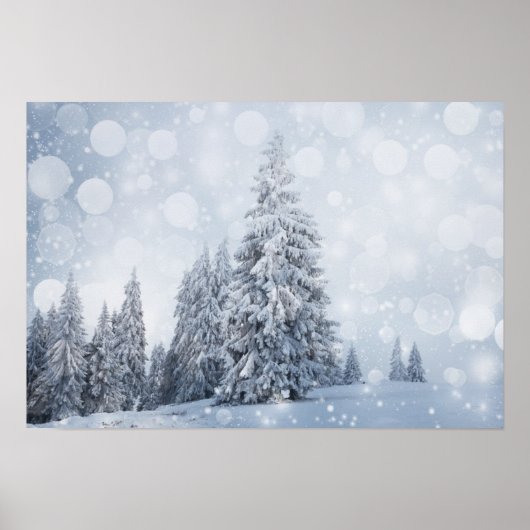 Weihnachtshintergrund mit schneebedeckten Bäumen Poster (Vorne)