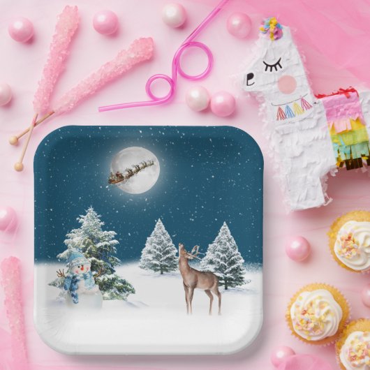 Weihnachtshirsch und Weihnachtsmann Pappteller (Party)