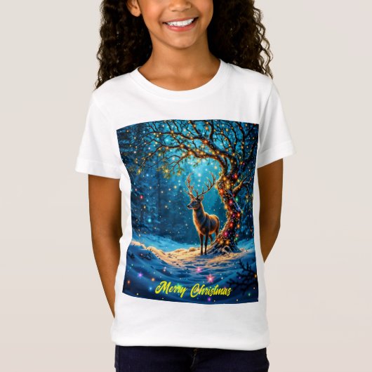 Weihnachtshirsche schneebedeckter Glitzer Glühen T-Shirt (Vorderseite)