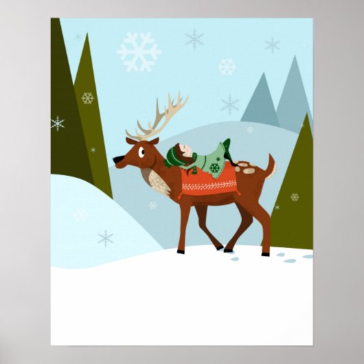 Weihnachtshirsche und -elf auf schneebedeckten Ber Poster (Vorne)