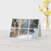 Weihnachtshirsche und Schneemann im Fenster Karte (Gelbe Blume)