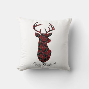 Weihnachtshirschkopf, kariert, rot und schwarz kissen
