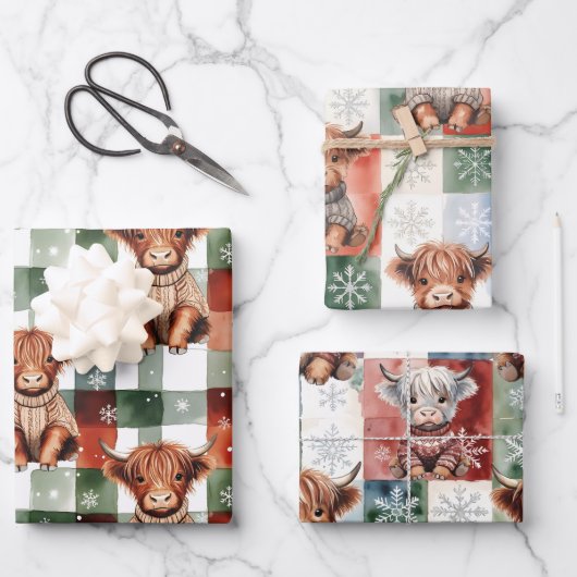 Weihnachtshochlandkuh Pullover Festlich Rot Grün Geschenkpapier Set (Vorderseite)