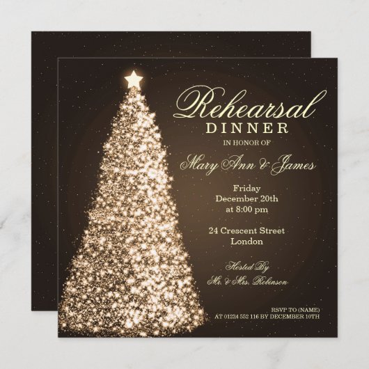 Weihnachtshochzeits-Proben-Abendessen-Gold Einladung (Vorne/Hinten)