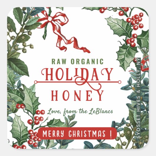 Weihnachtshonig mit Holly & Berry Border Quadratischer Aufkleber (Vorderseite)