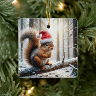 Weihnachtshörnchen auf dem Zweig des Schneebaumes Keramikornament
