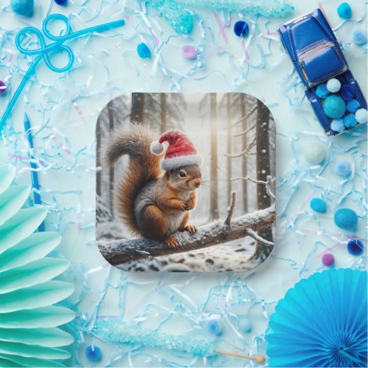 Weihnachtshörnchen auf dem Zweig des Schneebaumes Pappteller (Party)
