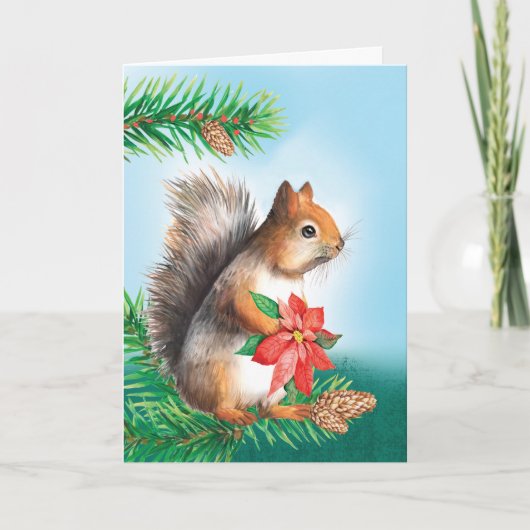 Weihnachtshörnchen Holding Poinsettia Blume Karte (Vorderseite)