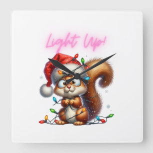 Weihnachtshörnchen mit Lights Fun Holiday Card Quadratische Wanduhr