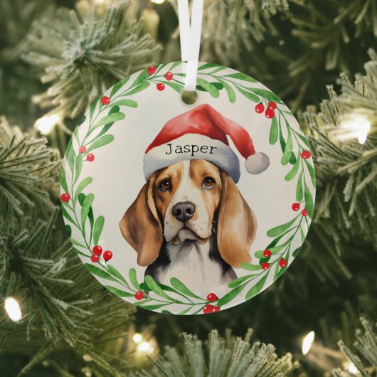 Weihnachtshund Beagle Weihnachtsmannmütze Urlaub W Ornament Aus Glas (InSitu)