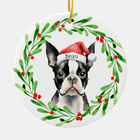 Weihnachtshund Boston Terrier Terrier Holidays Hau Keramik Ornament (Vorne)