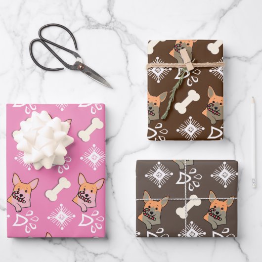 Weihnachtshund Candy Cane Snowflake Muster Geschenkpapier Set (Vorderseite)