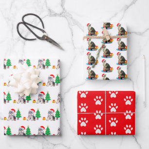 Weihnachtshund, Carol-Katze & Pfoten auf Rot Geschenkpapier Set