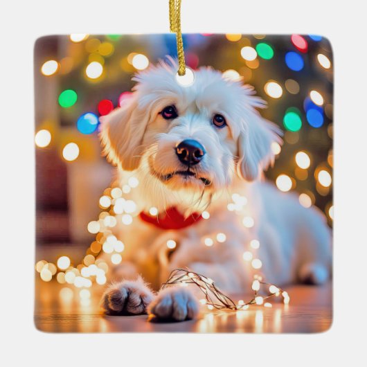 Weihnachtshund hackte in den Lichtern Keramikornament (Vorderseite)