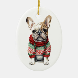 Weihnachtshund, Holiday Frenchie, Bulldogge Keramik Ornament