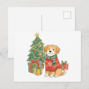 Weihnachtshund im Pullover mit Weihnachtsbaum Postkarte