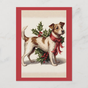 Weihnachtshund im Vintage-Stil mit roter Schleife Postkarte