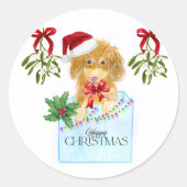 Weihnachtshund in einer blauen Kiste Runder Aufkleber (Vorderseite)