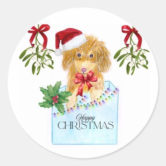 Weihnachtshund in einer blauen Kiste Runder Aufkleber (Vorderseite)