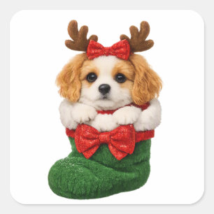 Weihnachtshund in einer Strumpfhose Quadratischer Aufkleber