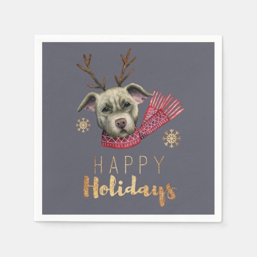 Weihnachtshund mit Antlern, Happy Holidays Serviette (Vorderseite)