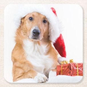 Weihnachtshund mit dem Geweih und den bunten Rechteckiger Pappuntersetzer