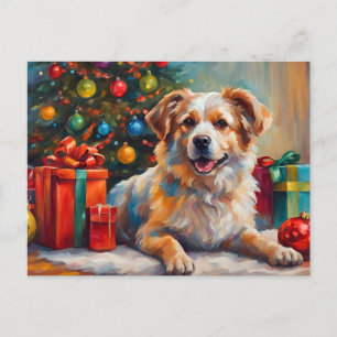 Weihnachtshund mit Geschenken Feiertagspostkarte