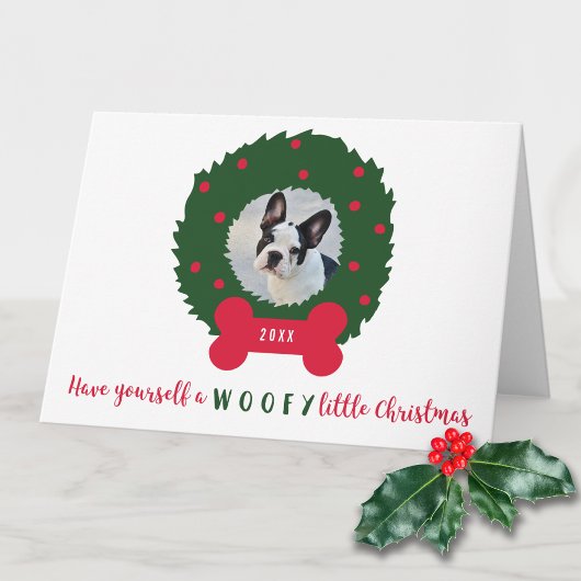 Weihnachtshund mit Hundes Foto & Wreath Feiertagskarte