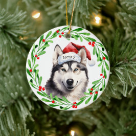 Weihnachtshund Siberischer Husky Weihnachtsmannmüt Keramik Ornament
