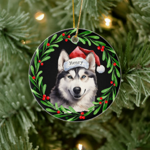 Weihnachtshund Siberischer Husky Weihnachtsmannmüt Keramik Ornament