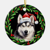 Weihnachtshund Siberischer Husky Weihnachtsmannmüt Keramik Ornament (Vorne)