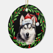Weihnachtshund Siberischer Husky Weihnachtsmannmüt Keramik Ornament (Links)