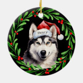 Weihnachtshund Siberischer Husky Weihnachtsmannmüt Keramik Ornament (Hinten)