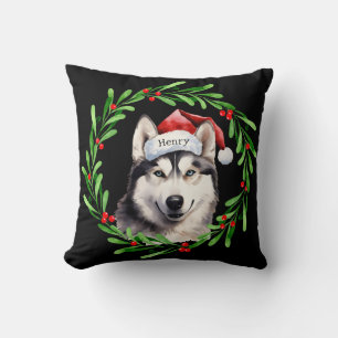 Weihnachtshund Siberischer Husky Weihnachtsmannmüt Kissen