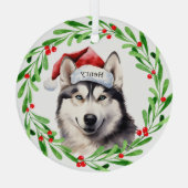 Weihnachtshund Siberischer Husky Weihnachtsmannmüt Ornament Aus Glas (Rückseite)