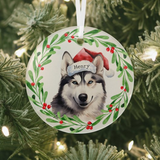 Weihnachtshund Siberischer Husky Weihnachtsmannmüt Ornament Aus Glas (InSitu)