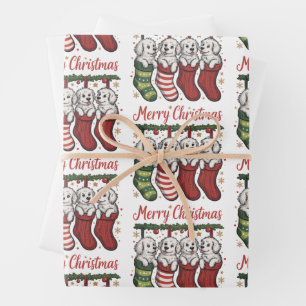 Weihnachtshund Süße Welpen in Strümpfen Retro Weih Geschenkpapier Set