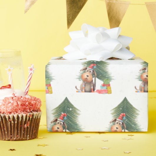 Weihnachtshund und Pinienbäume in Schneeflocken Geschenkpapier (Geburtstagsparty)