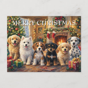 Weihnachtshunde am Kamin und geschmückter Tanne Feiertagspostkarte