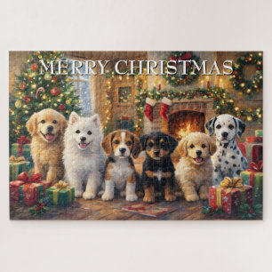 Weihnachtshunde am Kamin und geschmückter Tanne Puzzle