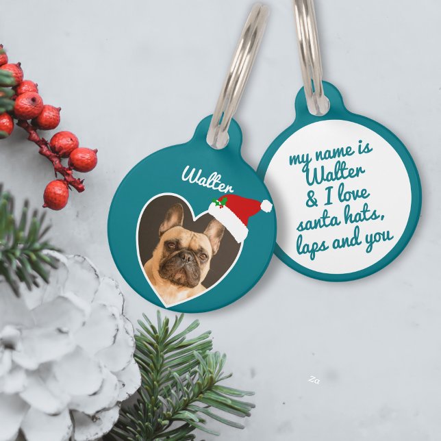 Weihnachtshunde Foto Weihnachtsmannmütze Aquamarin Haustiermarke (A fun and  festive pet ID tag that your pup will love to wear this Holiday Season)