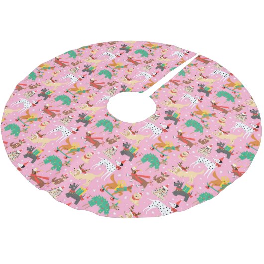 Weihnachtshunde im Outfits Muster Polyester Weihnachtsbaumdecke (Schrägansicht)