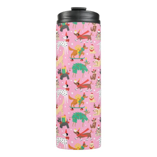 Weihnachtshunde im Outfits Muster Thermosbecher (Vorderseite)