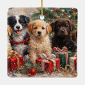 Weihnachtshunde mit Geschenken unter dem geschmück Keramikornament (Rückseite)
