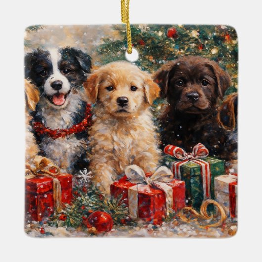 Weihnachtshunde mit Geschenken unter dem geschmück Keramikornament (Vorderseite)