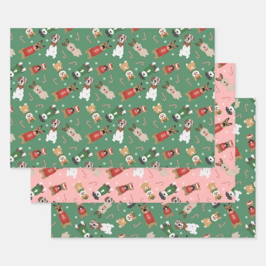 Weihnachtshunde Muster Red Green Geschenkpapier Set (Set)